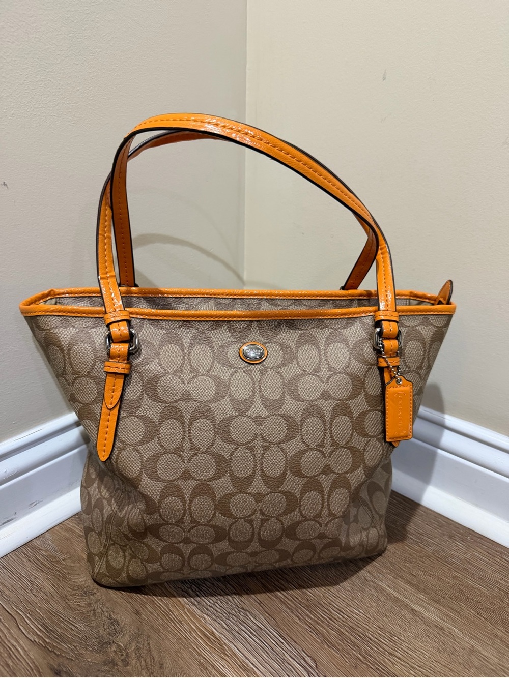 Coach Signature Canvas Zip Top Tote Bag Khaki Orange Leather Trim - Picture 2 of 13